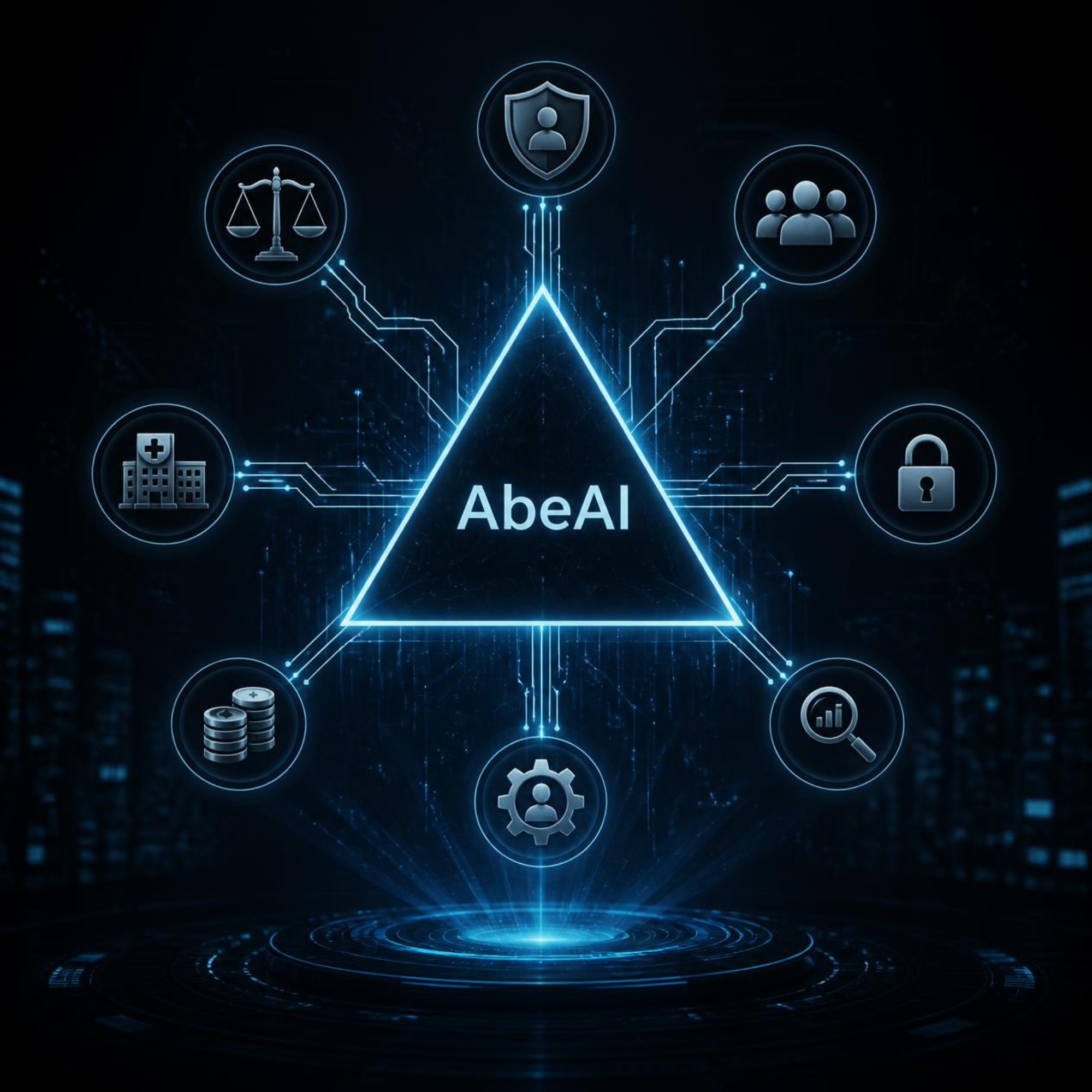 Abe AI terms of service — the pyramid mark amid contract, signature and identity icons