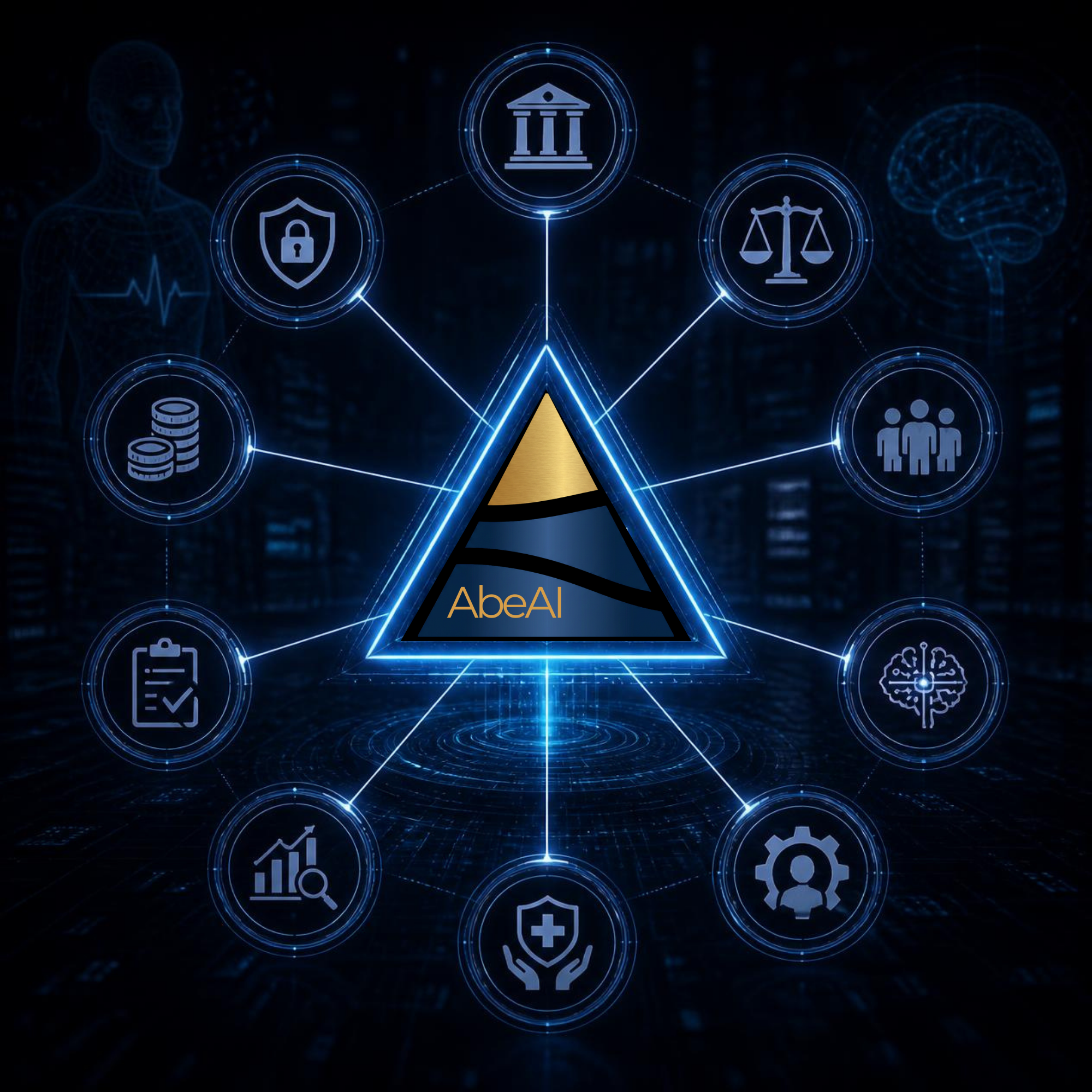 Abe AI services constellation — the pyramid mark linked to compliance, AHPRA, billing, workforce, IT, marketing and leadership nodes across the Australian health ecosystem